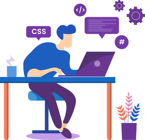 Web developer working at a desk with coding icons